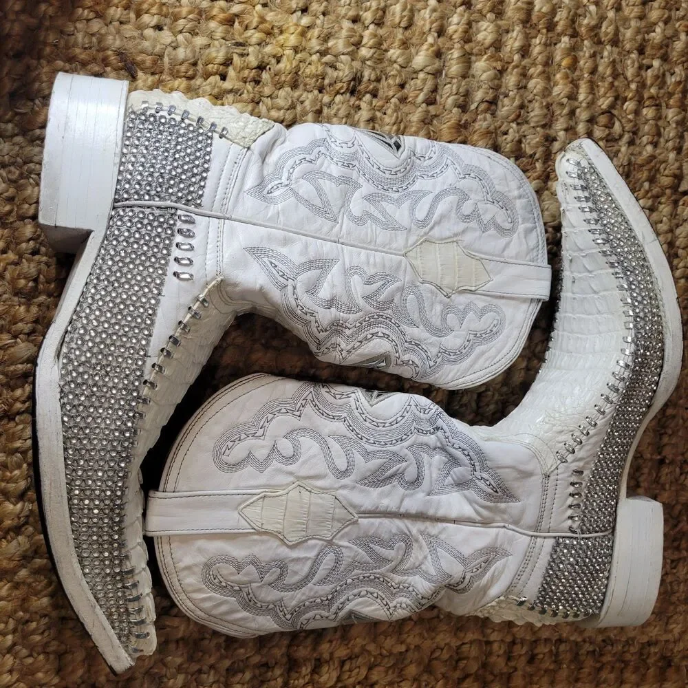 White Diamonds Crocodile Skin Leather Western Cowboy Boots White Bling 8.5 Men's